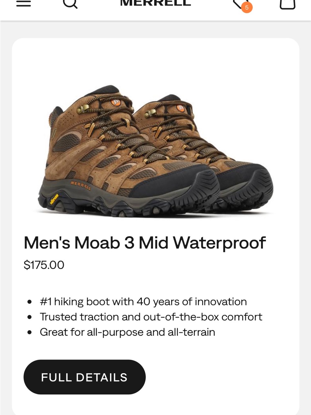 Merrell Men's Moab 3 Mid Waterproof Brown and Black Hiking Boots